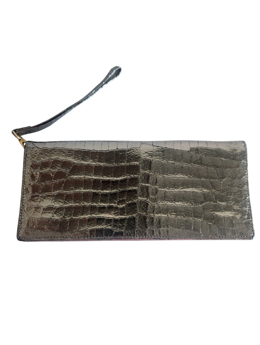 Lodis Metallic Silver Croc Embossed Leather Clutch Wristlet